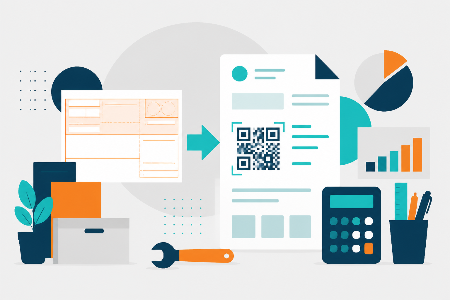 Minimalist Swiss-style vector graphic depicting a paper slip transforming into a QR code. Uses shades of blue, grey, and white.