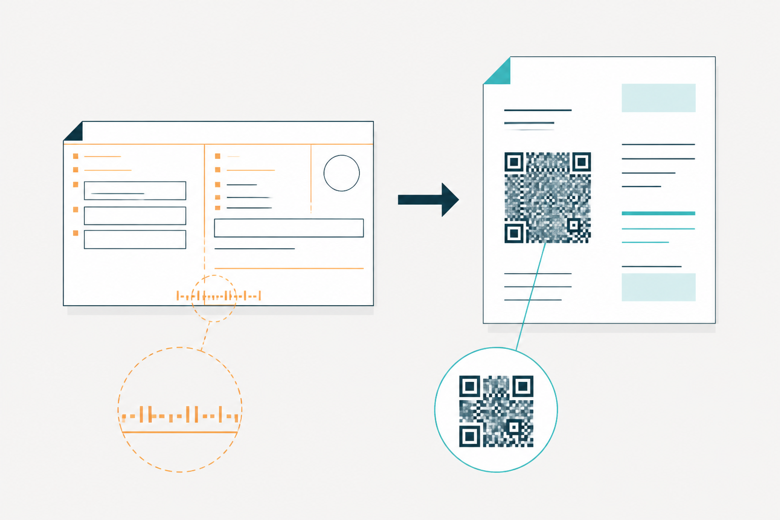 Flat design vector graphic. A Swiss QR-Bill with a QR code is shown next to an old-style Swiss payment slip, transitioning from gray to vibrant orange.