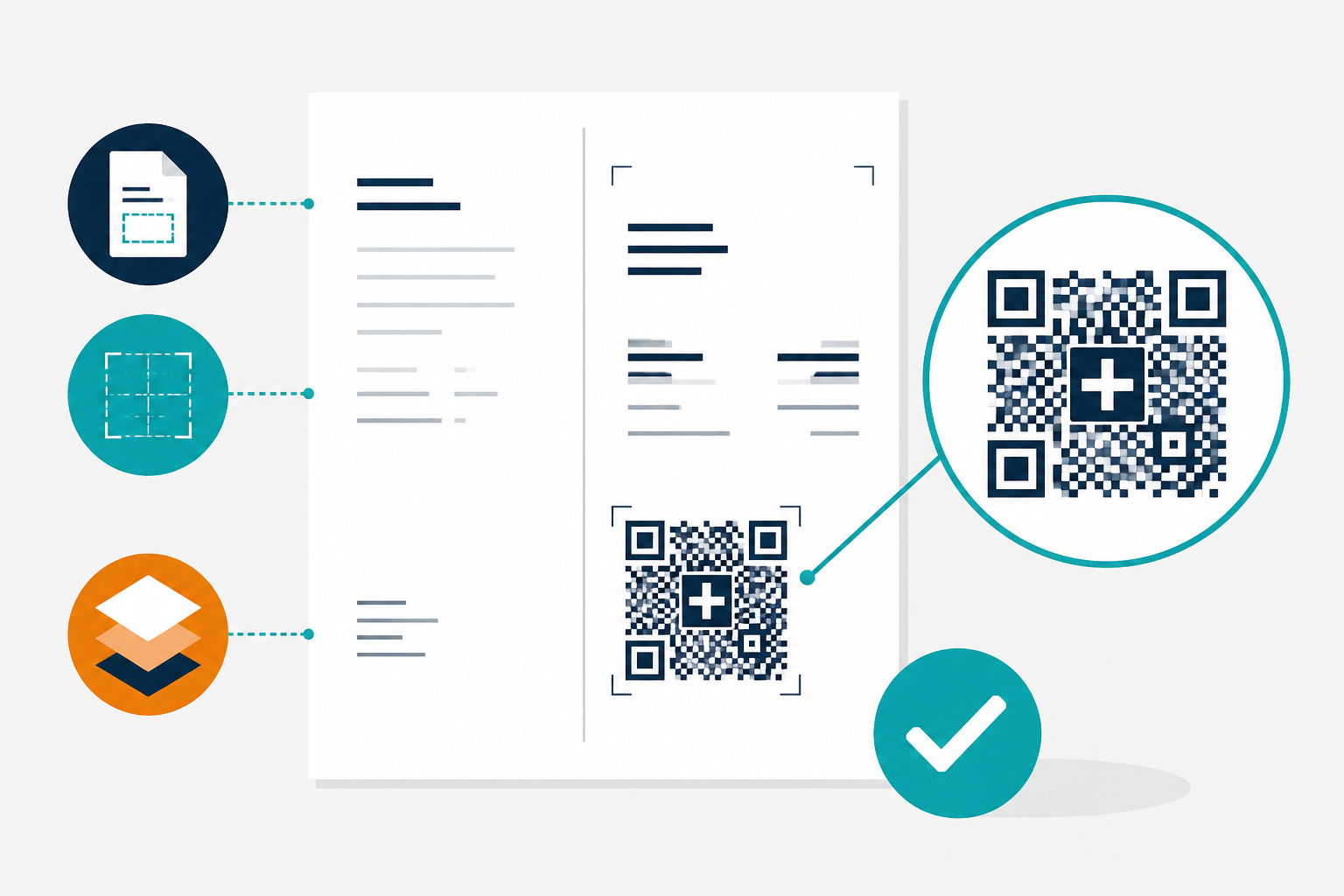 Icone stilizzate di un codice QR, un documento e una valuta, disposte geometricamente su sfondo bianco con accenti blu e grigi.