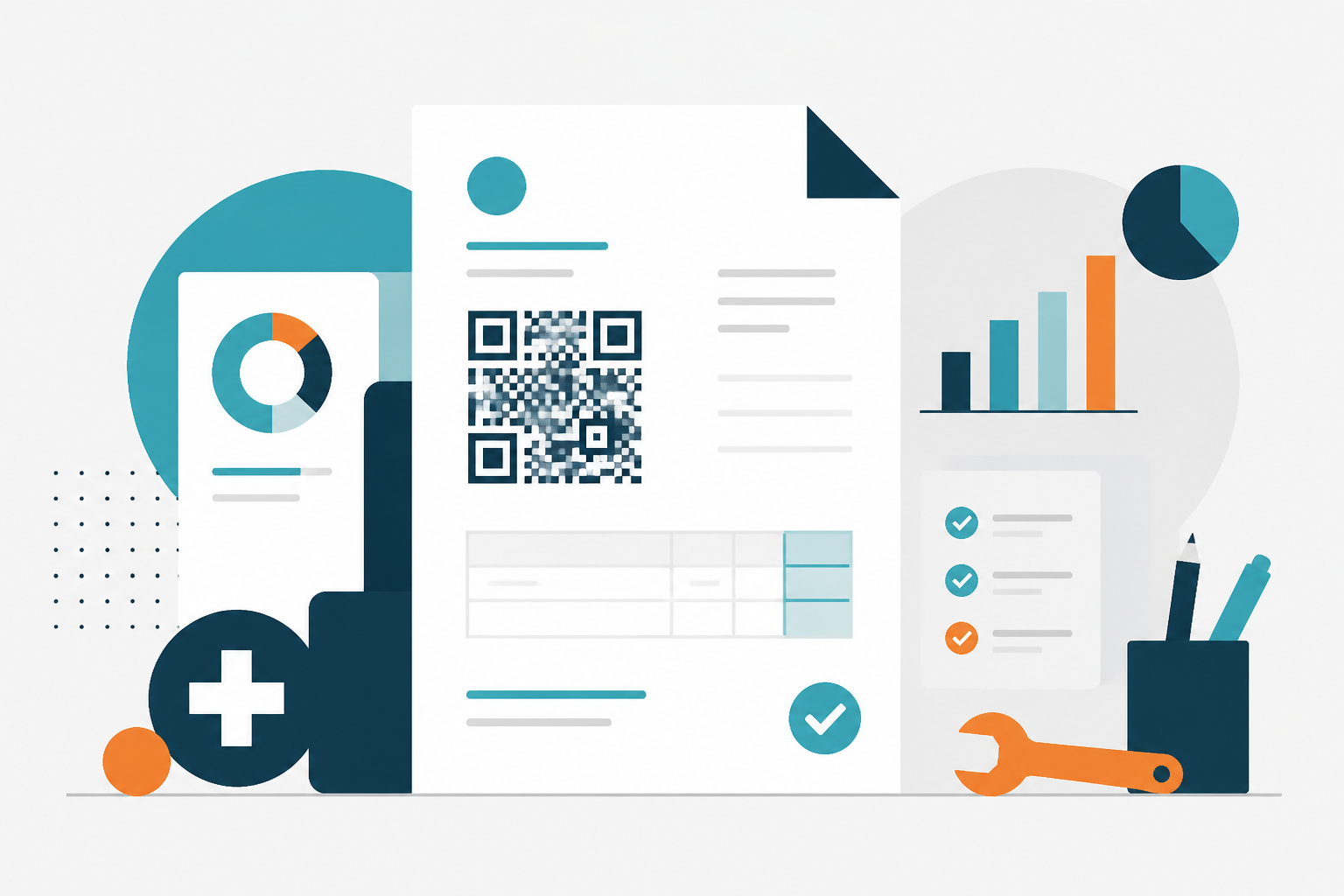 Vektorgrafik im Schweizer Stil: Ein großes Qr-Code-Symbol neben einem stilisierten Rechnungsdokument mit abstrakten Linien.