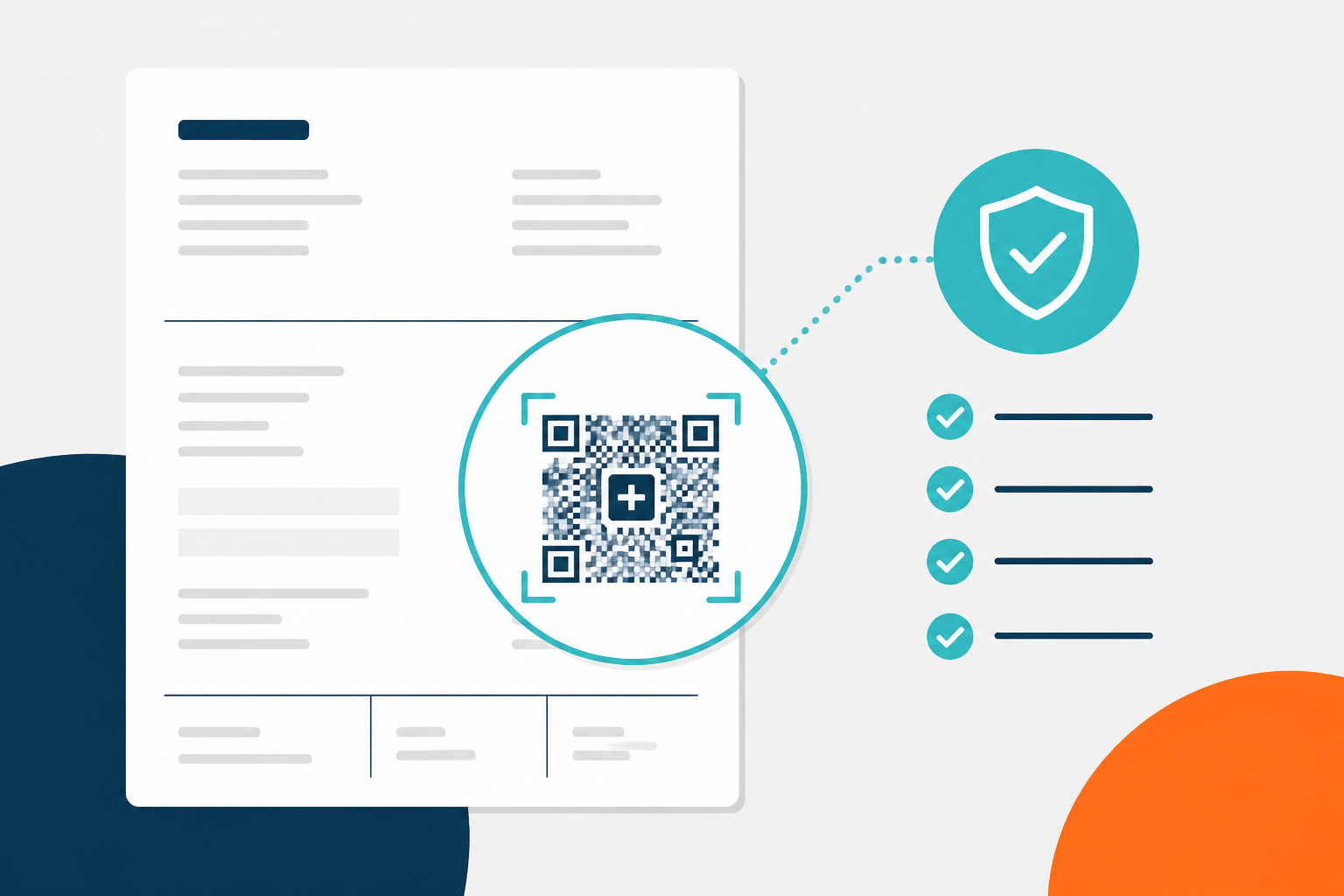 Minimalistische Vektorgrafik in Schweizer Stilfarben zeigt ein Smartphone mit einer generierten QR-Rechnung und einem Häkchen-Symbol.