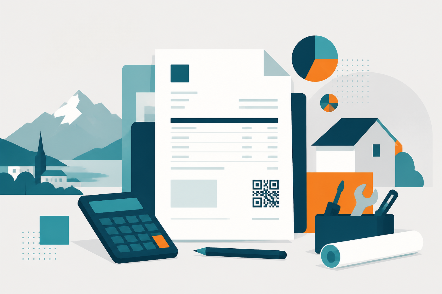 Minimalist flat vector illustration in Swiss style with geometric shapes in blue, grey, and yellow, representing a structured document.