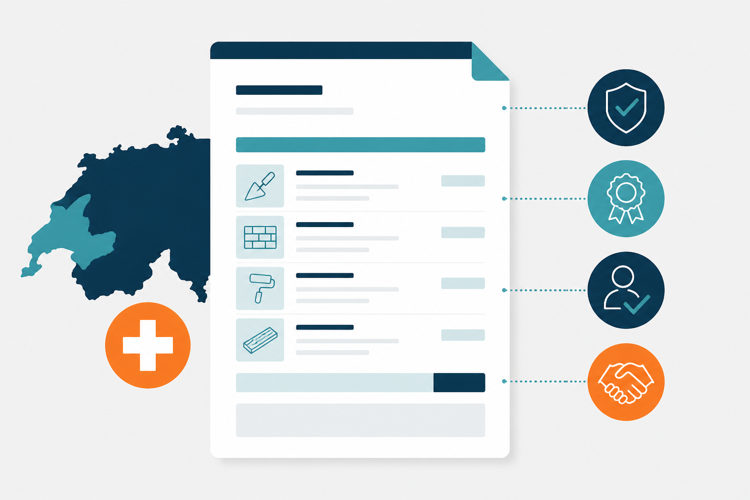 Flat vector illustration in Swiss style. Geometric shapes in blue, grey, and yellow represent a structured document with lines and checkmarks.