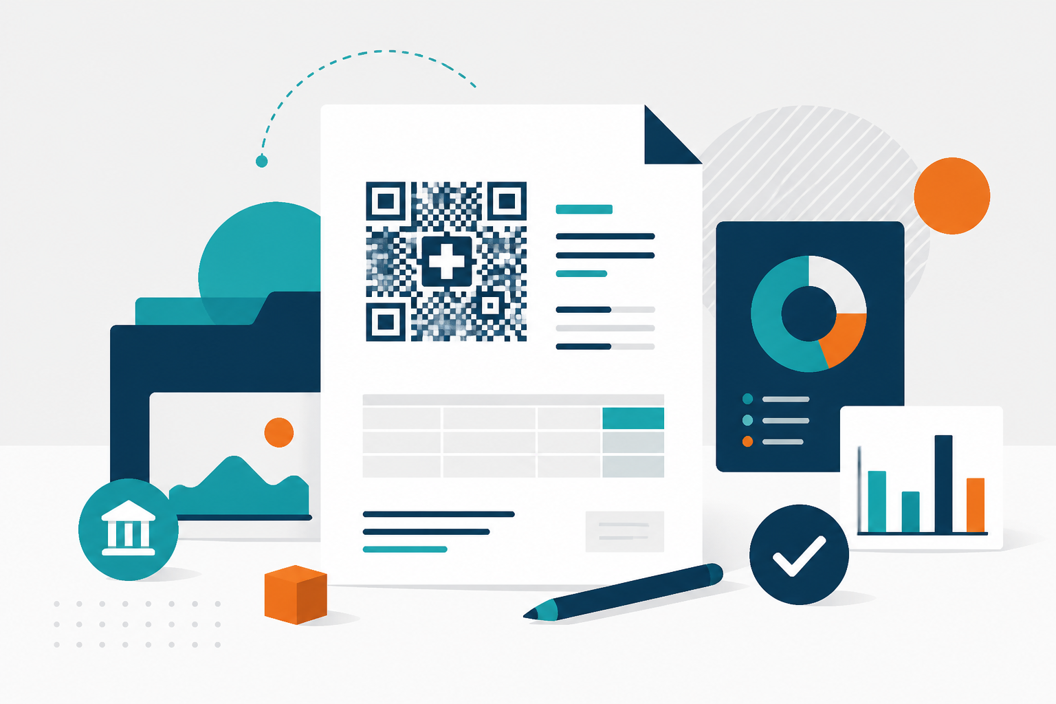 Minimalist Swiss-style vector illustration featuring a stylized QR code and a document icon. Clean lines, blue and grey palette.