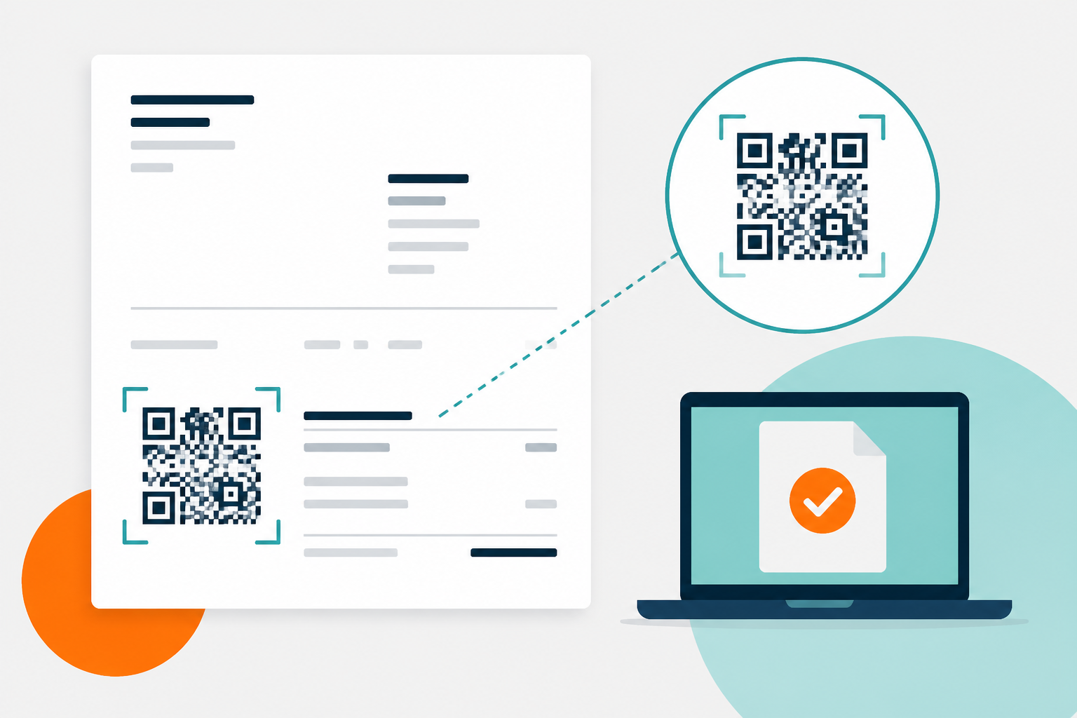 Flat vector illustration in Swiss style, minimal. Abstract representation of a QR code intersecting with a document.