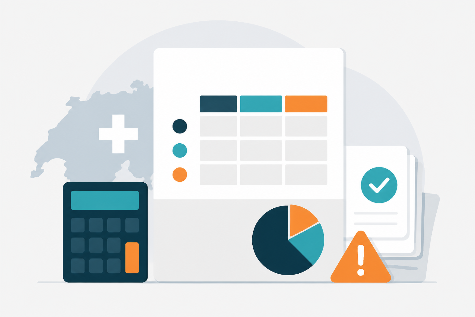 Flat vector illustration of Swiss VAT filing. Blue and grey geometric shapes represent documents and a calculator.